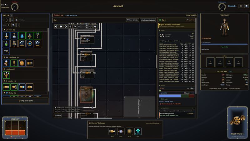 The Gearwork bench: 21 weapon circles, 48 nodes, recompiled live as you wire.