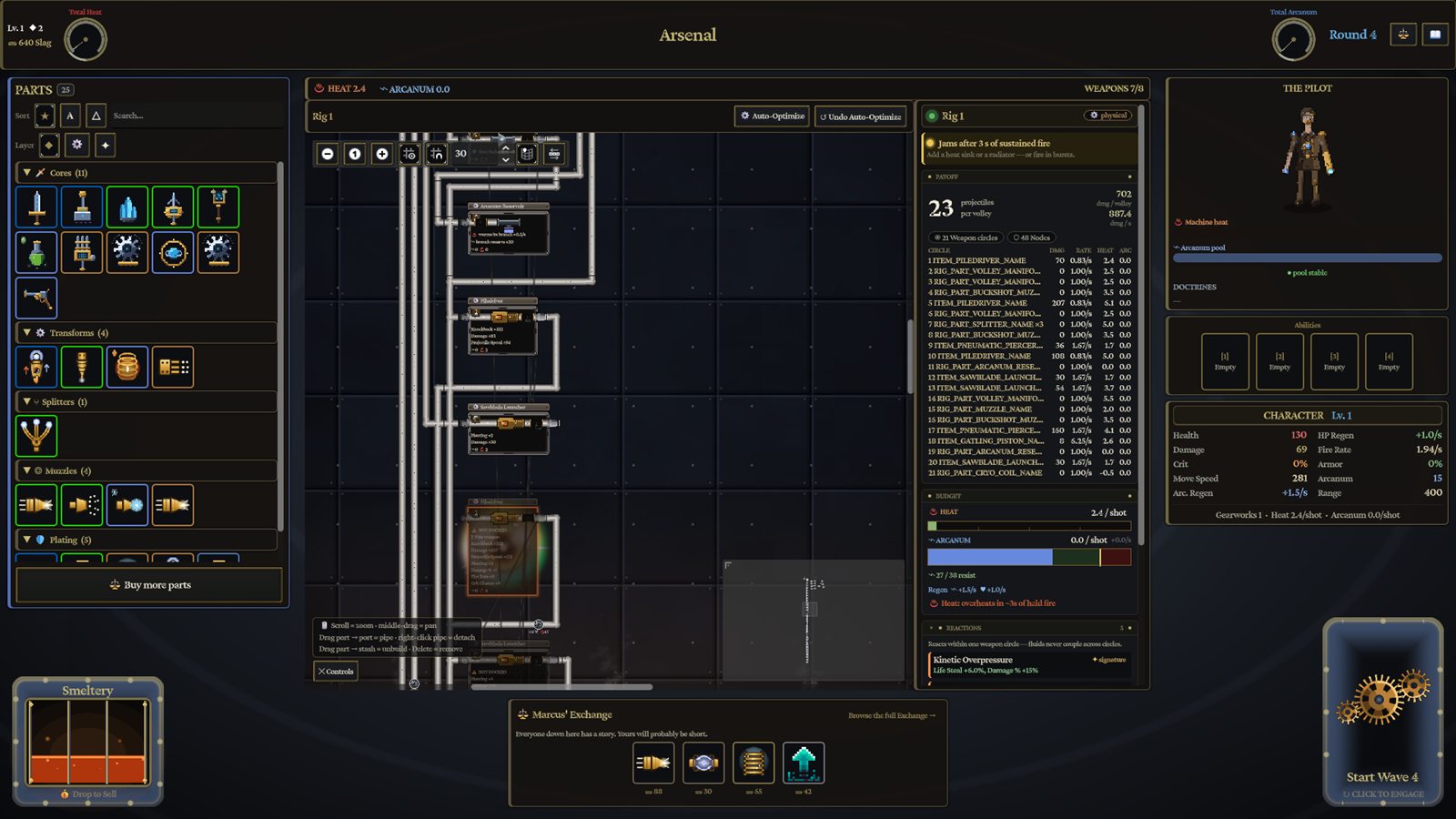 The in-game Gearwork bench. Every pipe was laid by hand; the console on the right recompiles the machine as you wire it.