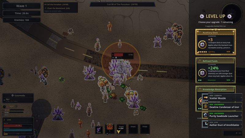 Levelling mid-fight: stat cards and machine boosts, never parts.